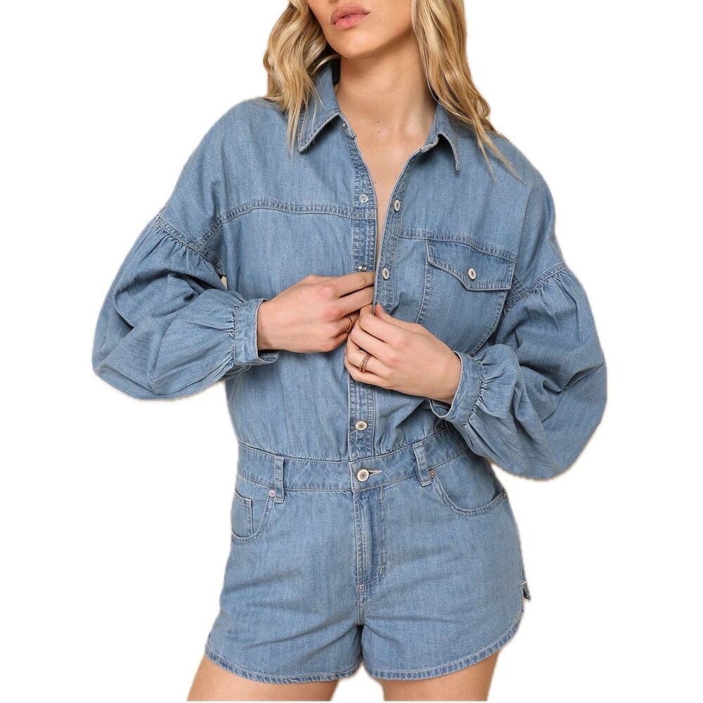 Free People We The Free Blue Chambray Denim Balloon Sleeve Zodiac Romper